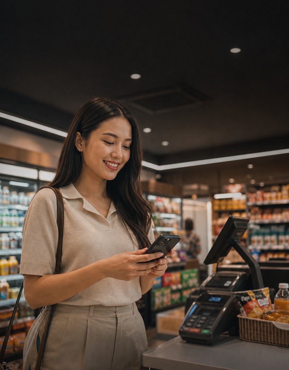 Người dùng tại cửa hàng đang cầm điện thoại gần quầy thanh toán