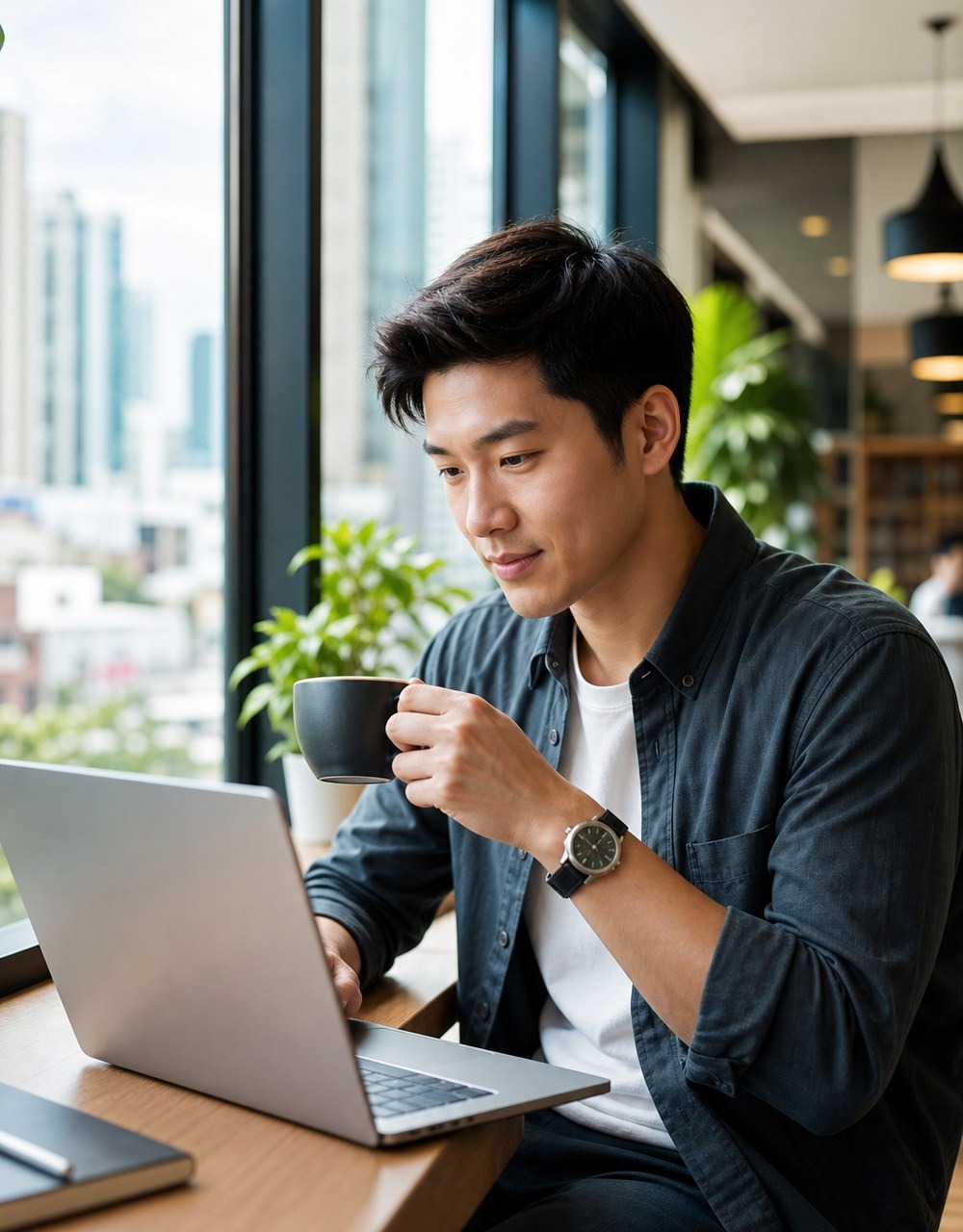 Người dùng làm việc bên máy tính và kiểm tra tài khoản trên điện thoại